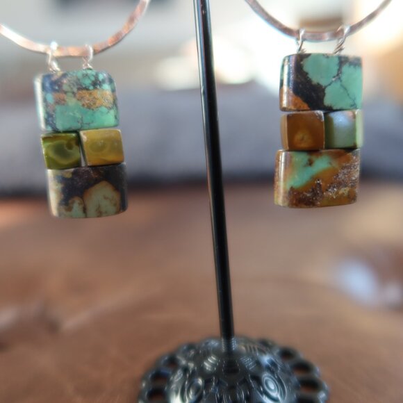 Turquoise and hammered sterling silver earrings by Dana Reed Designs 2.75" drop - Picture 3 of 13